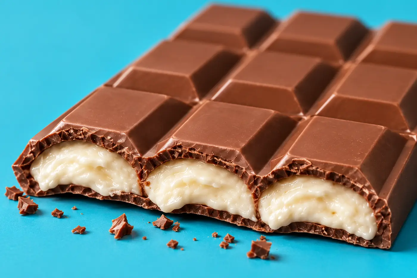 Close-up of a broken bar with a soft, creamy milk filling